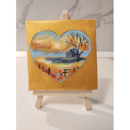 Tablou pictat manual 10x10cm - Inima fundal galben