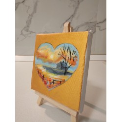 Tablou pictat manual 10x10cm - Inima fundal galben