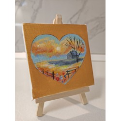Tablou pictat manual 10x10cm - Inima fundal galben