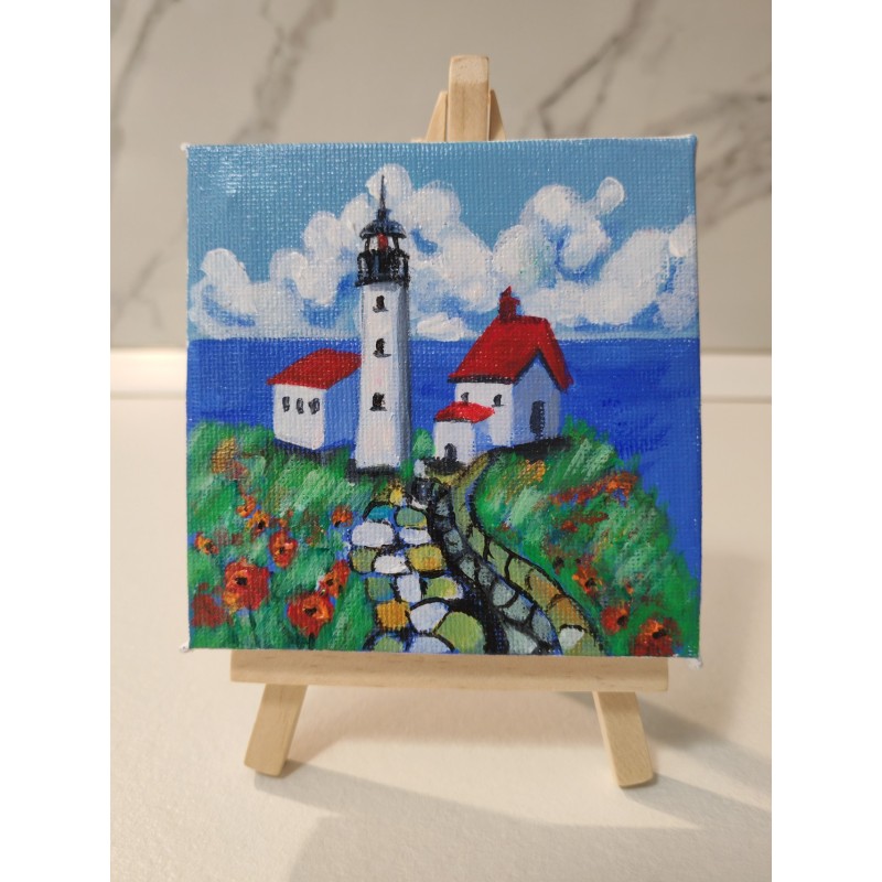 Tablou pictat manual 10x10cm - Briza de mare (farul)