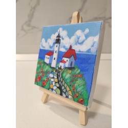 Tablou pictat manual 10x10cm - Briza de mare (farul)